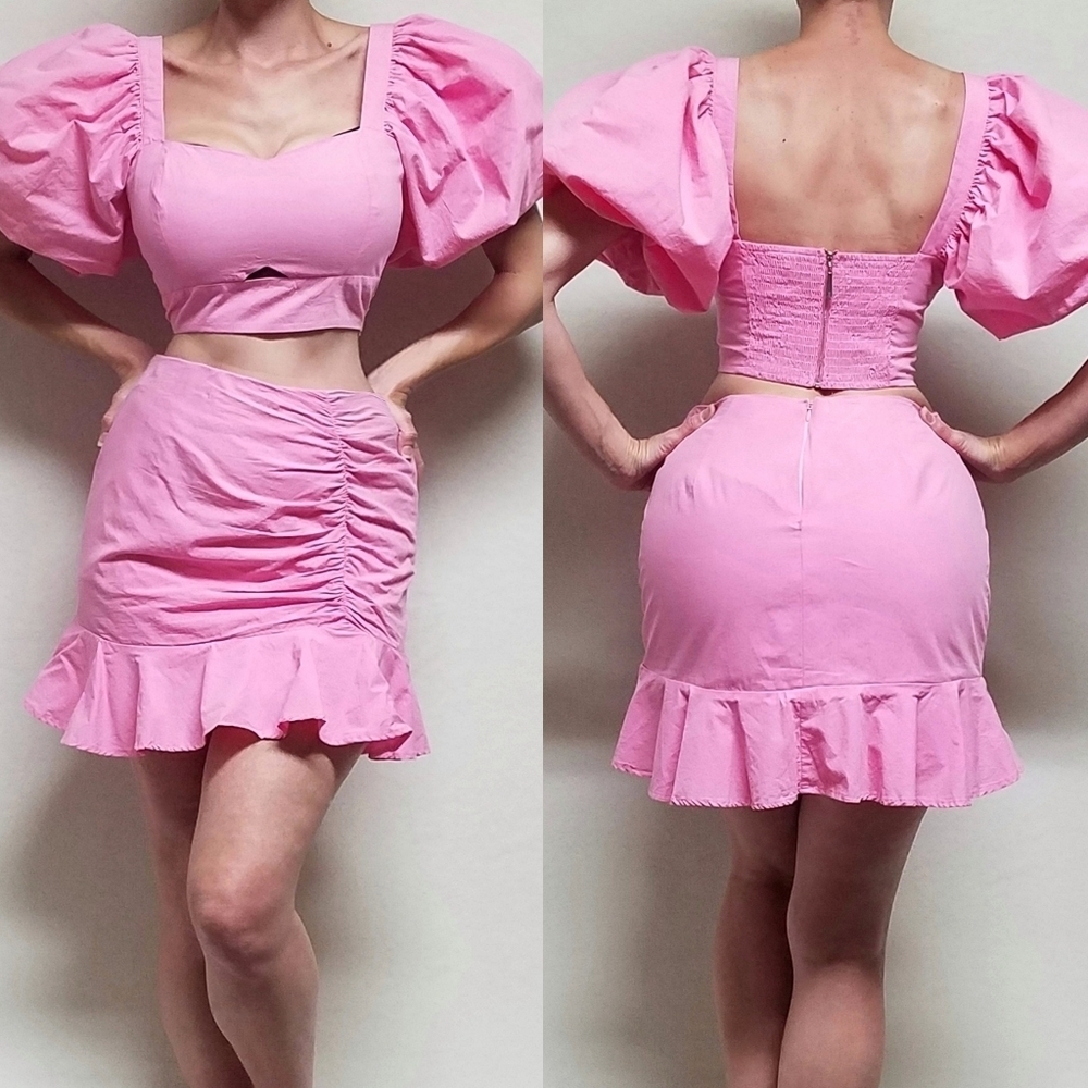 Shero Two-Piece Hot Pink Cotton Puff Sleeve Crop Top Ruched Ruffle Mini Skirt L